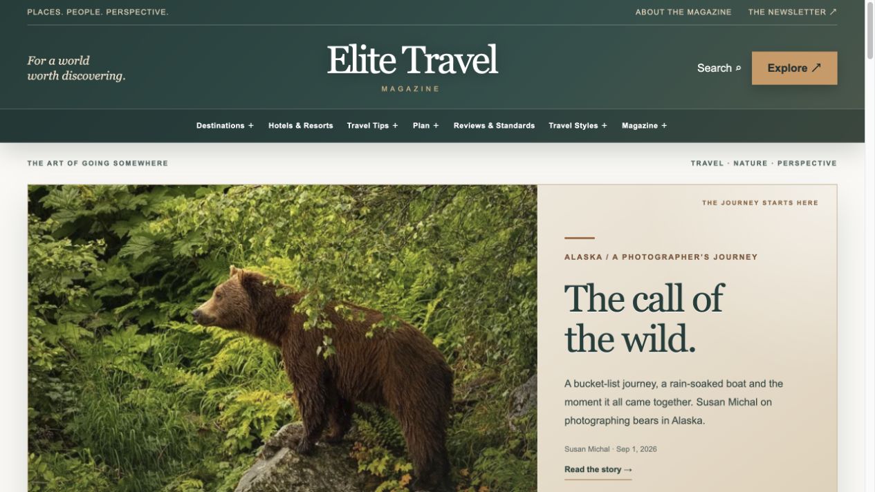 Elite Travel Magazine website preview